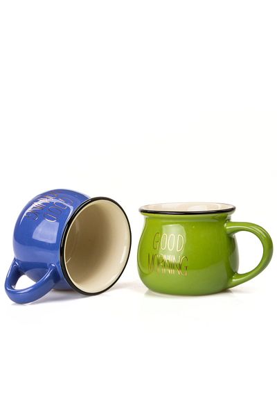 MUKKO HOME Set of 2 Enamel Look Colored Porcelain Mugs Good Morning Gold Written 250 ml
