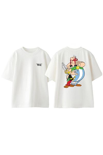 THEWERT Tricou supradimensionat alb din bumbac cu imprimeu pe spate Asterix și Obelix