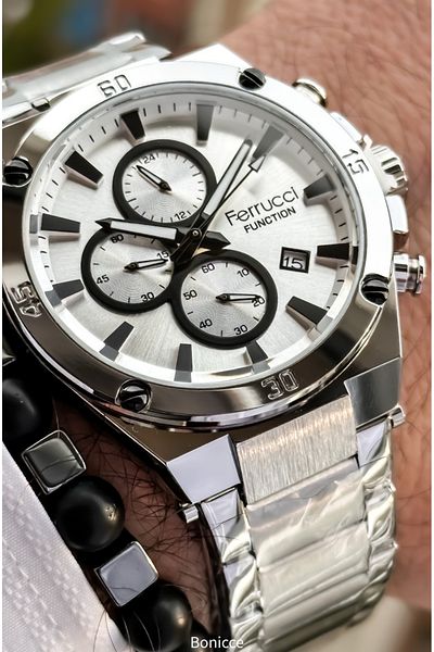 Ferrucci Functions Active White Dial,Silver Steel Band,Guaranteed, Men's Wristwatch Bracelet with Calendar