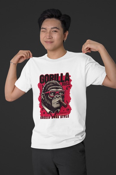 Butik TRIOCĂ CU MÂINĂ SCURTĂ CU Gât rotund, IMPRIMAT GORILLA TRANSFER, bumbac 100% LU, PENTRU FEMEI/BĂRBAȚI