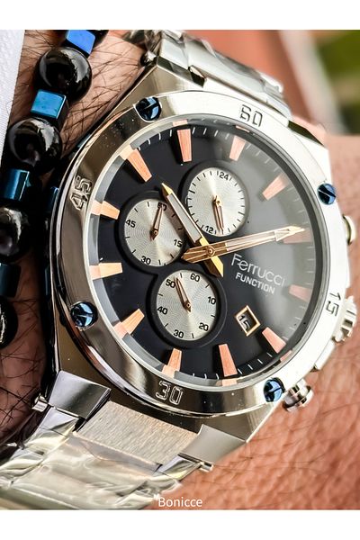 Ferrucci Functions Active Dark Blue Dial, Silver Steel Band,Guaranteed, Men's Wristwatch Bracelet with Calendar