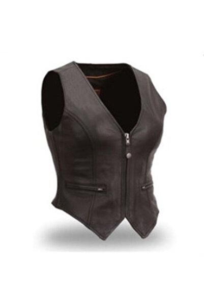 DeriWork Hakiki Kuzu Derisi Siyah Fendi Fermuarlı Kadın Deri Yelek