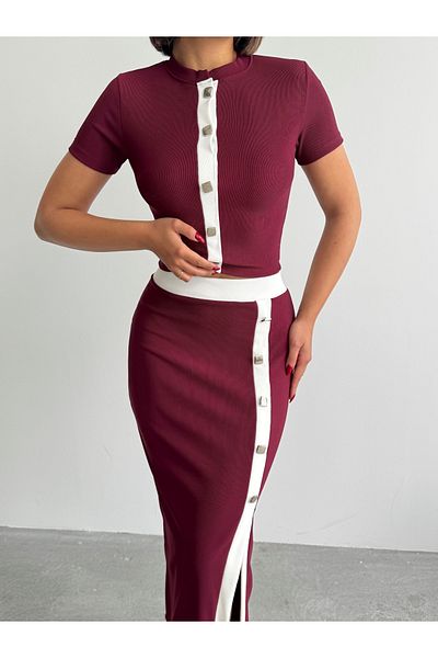 Lusin Women's Burgundy Stylish Button Detailed Blouse Skirt Double Knitwear Set