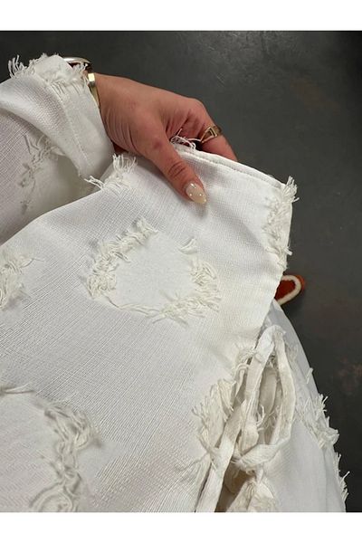 Lusin Cămașă de in premium de vară sezonieră, cu detaliu cu ciucuri alb
