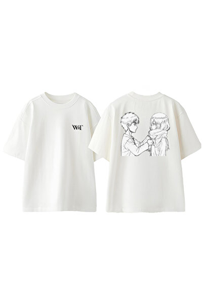 THEWERT Attack On Titan 26 Tasarım Sırt Baskılı Pamuk Beyaz Oversize T-shirt