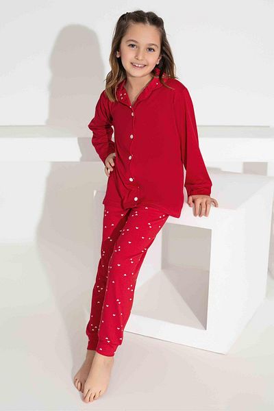 Tarık Girl's Collar Heart Patterned Buttoned Long Sleeve Pijama Set