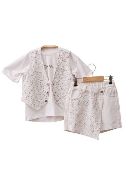 İrem Çocuk Giyim Girl's Sequined Detailed Shorts, Skirt and Vest Triple Set