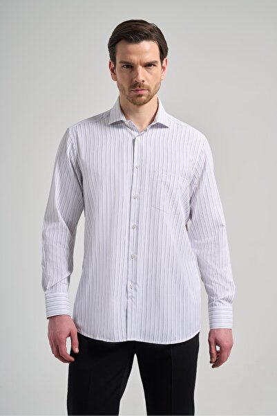 İmza Італійська сорочка з довгими рукавами та смужками з бавовни - без коміра, з кишенями, класичний комфортний крій 1004250182