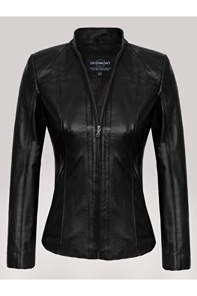 DeriWork Hakiki Kuzu Derisi Siyah Önden Fermuarlı Kadın Deri Ceket