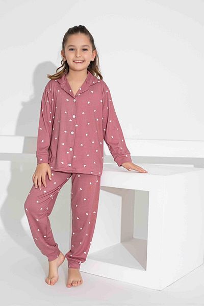 Tarık Girl's Heart Patterned Buttoned Long Sleeve Pijama Suit