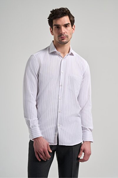 İmza Μακρυμάνικο ριγέ υφασμάτινο πουκάμισο με ιταλικό γιακά και τσέπες, βαμβα...