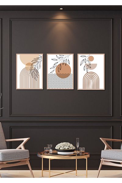 NT Handmade 3 Piece Frame Look Bohemian Leaves Painting Set Mdf Wall Decor for Living Room Living Bedroom