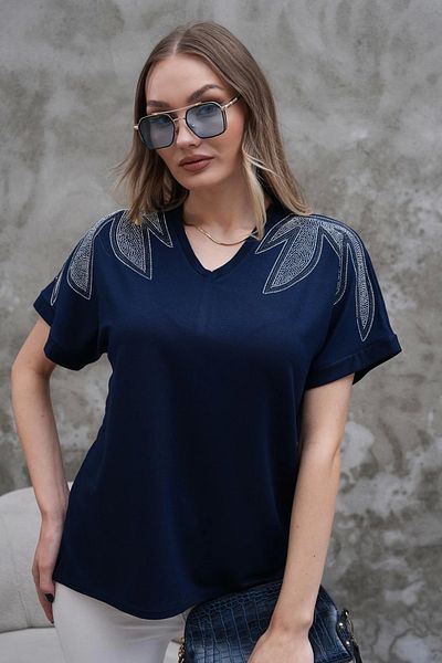 Bİ.GİYSEN Women's Navy Blue Large Size V-Neck Shoulders Leaf Crystal Stone Embroidered Lycra Short Sleeve Blouse