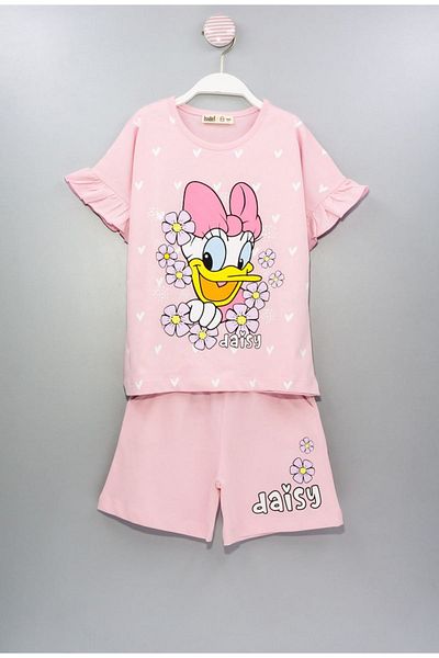 Yağmur Giyim Pink Daisy Pattern Isob Girl's Set 100% Cotton Short Sleeve 3-12 Years