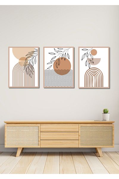 NT Handmade 3 Piece Frame Look Bohemian Leaves Painting Set Mdf Wall Decor for Living Room Living Bedroom