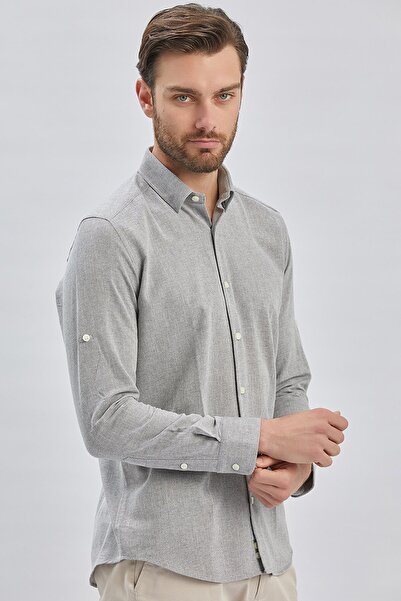 İmza Dobby Gray Slim Fit Casual Shirt - Shortable Sleeves, Unit Collar, Cotton1004240202