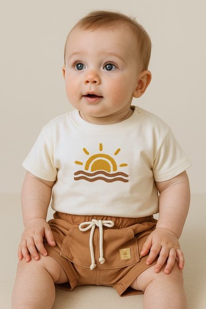 Pure Kids Store Cotton Baby Boy Summer Shorts T-Shirt Suit Moon Sun Themed Süzene Embroidered