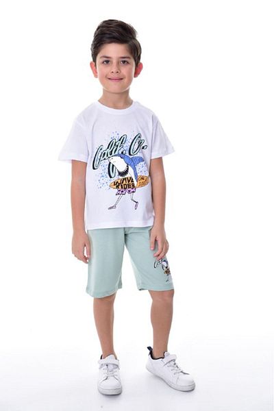 Yağmur Giyim White Whale Patterned 100% Cotton Boy's Short Sleeve Shorts Suit 3-12 Years 24403-B