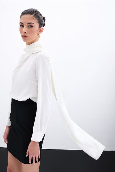 Sateen Ecru Colored Blouse with Shawl Detail