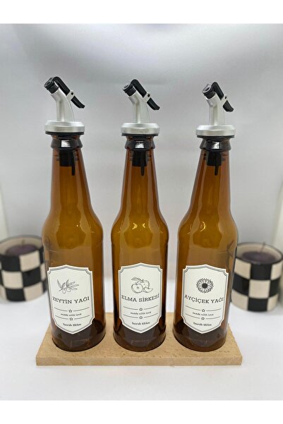 ViZKA 3'lü Ahşap Standlı Cam Zeytinyağı Ayçiçek Yağı Sirke Şişesi , Sızdırmaz...