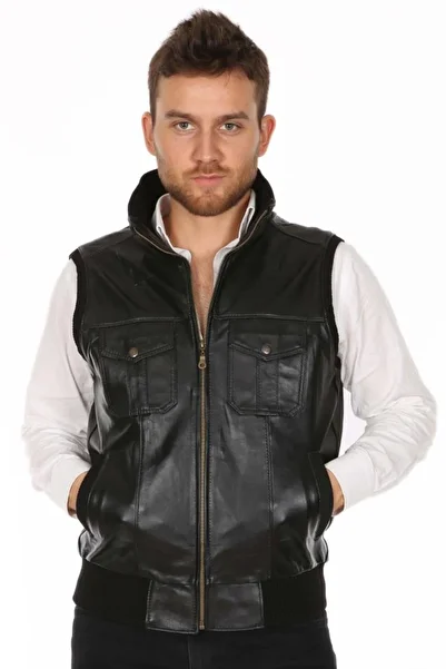 DeriWork Genuine Lambskin Black Jack Men's Leather Vest with Elastic Waist
