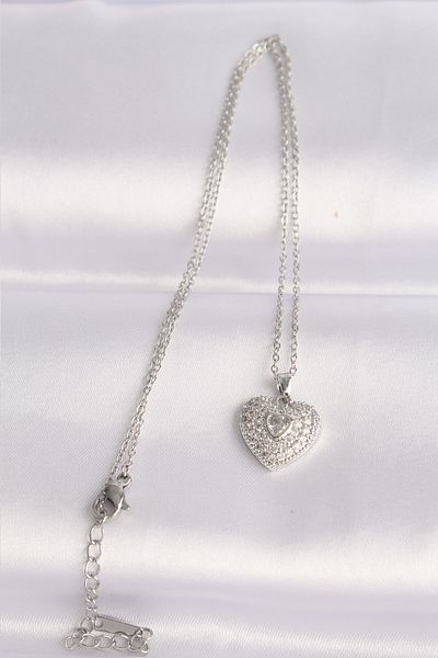 Skygo Zircon Stone Silver Color Heart Necklace - 316L Steel Chain TJ-BKO8623
