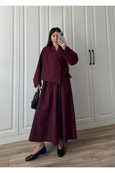manana fashion Poplin Fabric Side Tie Burgundy Shirt Skirt Double Set