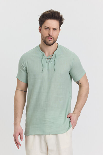 TCT TEKSTİL МЪЖКА РИЗА С КЪСИ РЪКАВИ - ДЕТАЙЛЕН ЯКА (С ВРЪЗКА) - РИЗА ALAÇATI - 4590