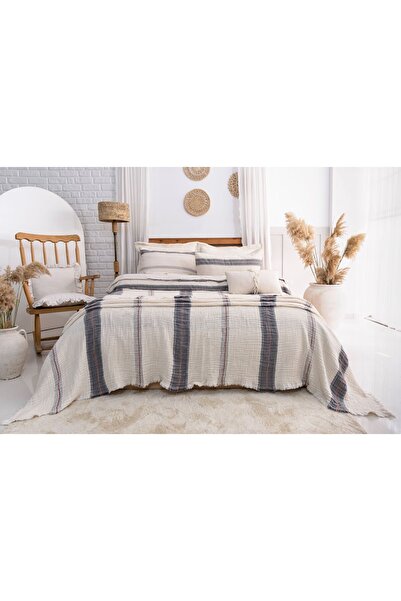Dokubba Cuvertură de pat supradimensionată cu dungi naturale, cu 4 straturi