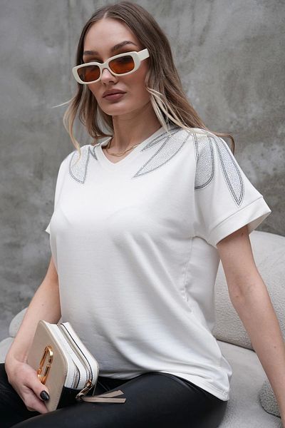 Bİ.GİYSEN Women's White Large Size V-Neck Shoulders Leaf Crystal Stone Embroidered Lycra Short Sleeve Buluz