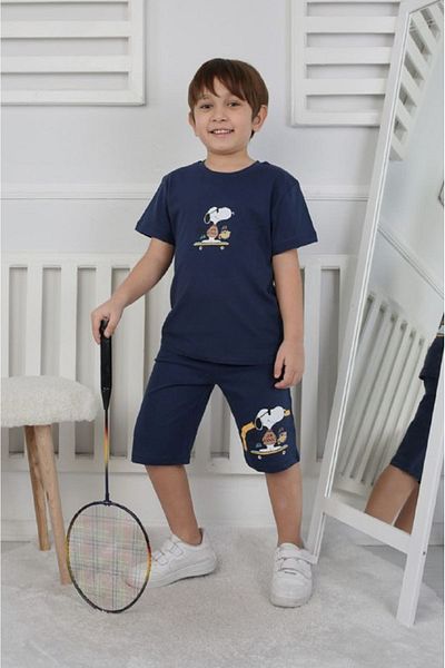 Yağmur Giyim İsob Navy Blue Snoopy Patterned 100% Cotton Boy's Short Sleeve Shorts Suit 3-12 Years 24407-L