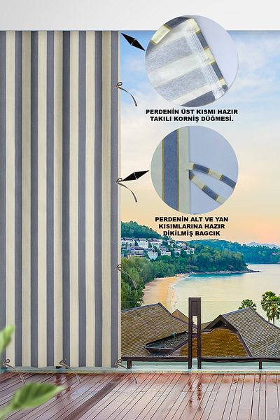 ALTINPAMUK Gray/Cream Ty801 Optional Tied Balcony Curtain