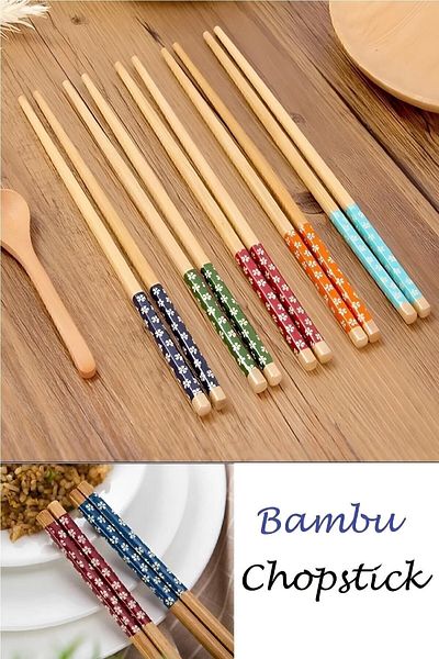 seç al burada Set of 5 Patterned Bamboo Chopstick - Washable Chinese Chopsticks, Sushi Ramen Noodle Chopsticks