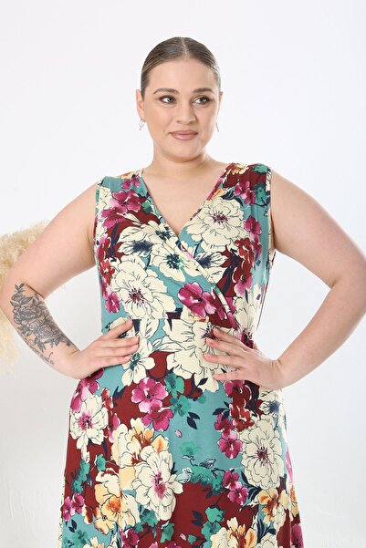 Madwilo Women's Green Burgundy Flower Pattern Sleeveless Double Breasted Collar Large Size Maxi Dress