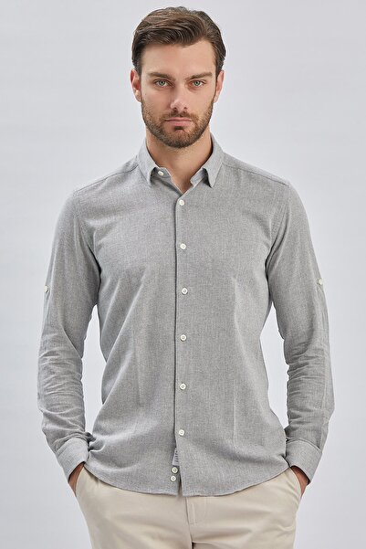 İmza Dobby Gray Slim Fit Casual Shirt - Shortable Sleeves, Unit Collar, Cotton1004240202
