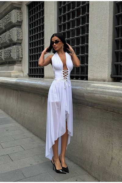 S&A Collectionn Women's Halter Deep Cut Out Backless Corset Asymmetrical Tulle Dress with Shorts