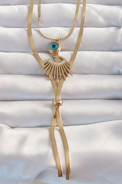 Skygo Gold Colored 316l Steel Zircon Stone Long ElevatorModelNecklace - Evil Eye Detail - Tj-bko8962