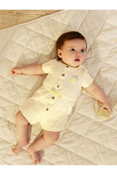 Next Baby 100% Organic Cotton Yellow Striped Lemon Fruit Jersey Single Baby Romper