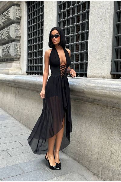 S&A Collectionn Women's Halter Deep Cut Out Backless Corset Asymmetrical Tulle Dress with Shorts