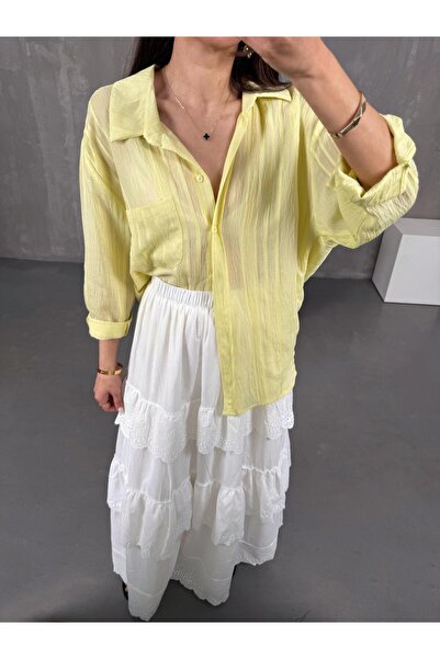 Gaus Ekru Astarlı Volanlı Fistolu Etek Gaus00077