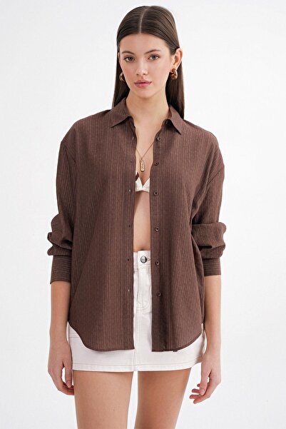Mixray 4674 Γυναικείο πουκάμισο με λεπτές ρίγες Flowing Basic Καφέ