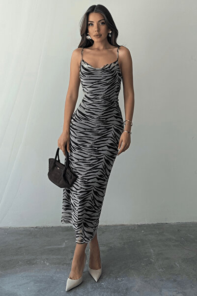 Paw Garage Women's Megan Zebra Patterned Degas Collar Adjustable Strap Lined Dress