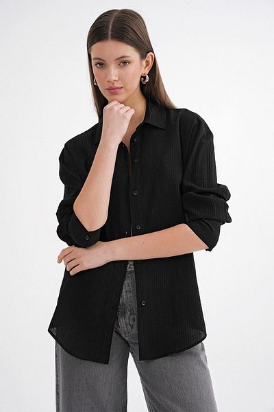 Mixray 4674 Women's Basic Black Draped Thin Striped Shirt