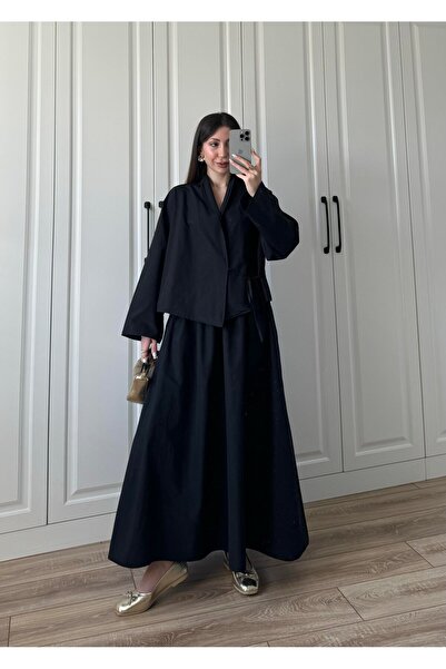 manana fashion Poplin Fabric Side Tie Black Shirt Skirt Double Set