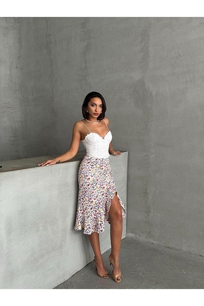 Lacesta Flower Pattern Slit Skirt