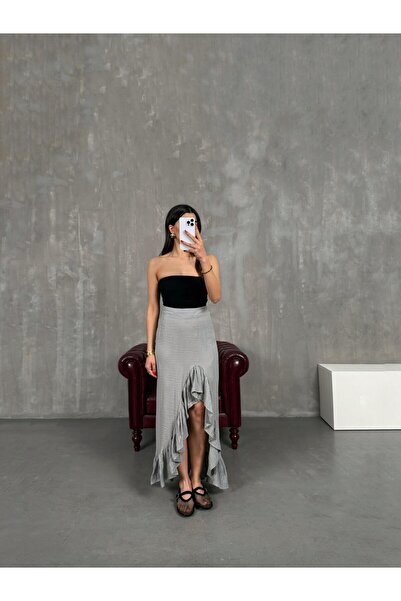 Gaus Gri Önü Volan Yırtmaçlı Müslin Etek Gaus00186