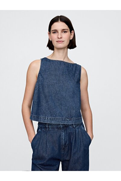 GAP Kadın Lacivert UltraSoft Denim Crop Bluz