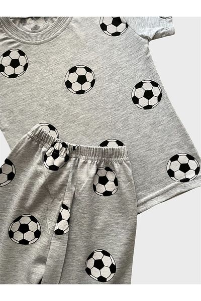 ALİŞ KİDS Boys' Cotton Gray Black and White Football Ball Patterned Short Sleeve Shorts Summer Pajama Set