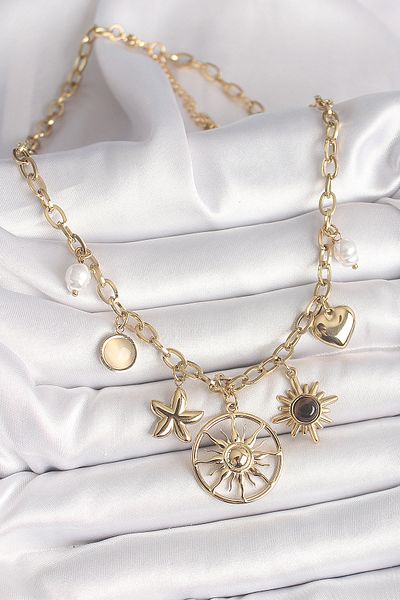 Skygo 316L Steel Gold Color Sun Model Black Enamel Sun Detail Women's Necklace - Tj-Bko9914