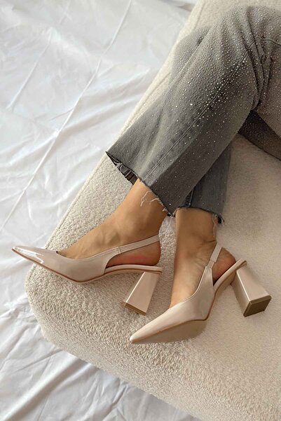 Shoebutik Libra Beige Patent Leather Thick Heel Women's Shoes